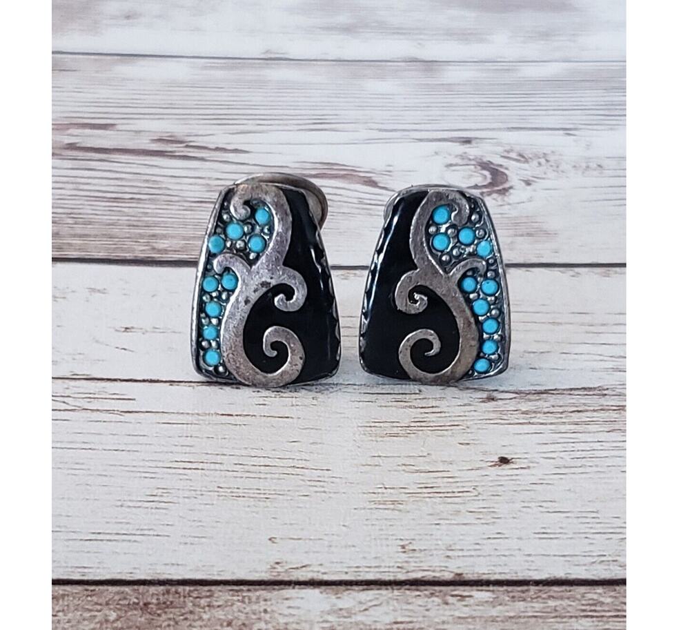 Vintage Clip On Earrings - Silver Tone, Black & Light Blue 7/8"